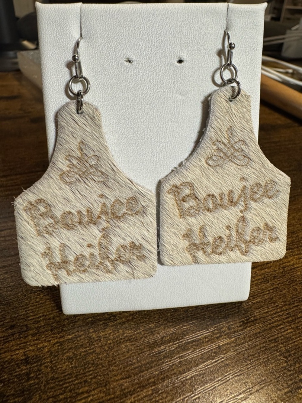 *Cowhide Boujee Heifer Cow Tag Earrings - 2in